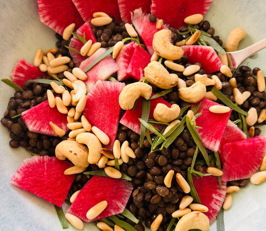 Lentil Salad With Tarragon, Toasted Pine Nuts, Cashews, and Watermelon Radish